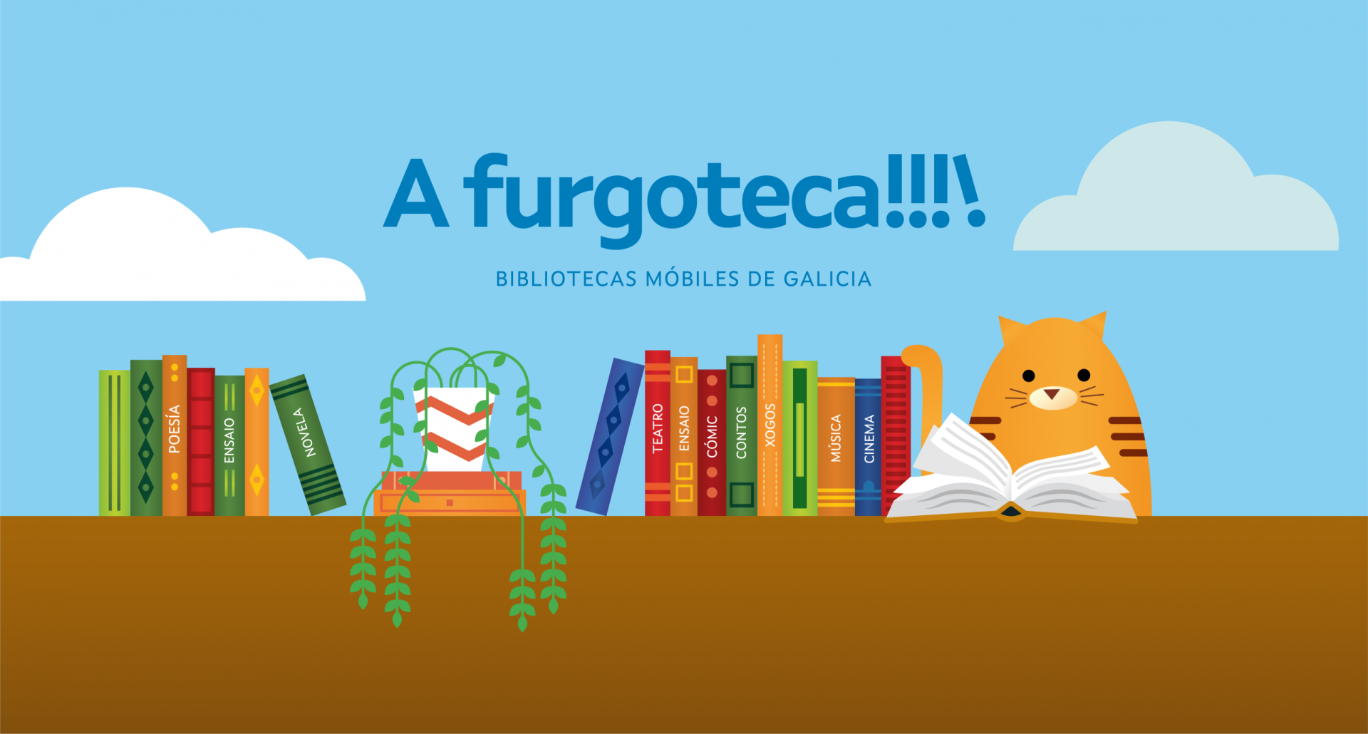 Ilustración de a furgoteca formada por libros e un gato lendo