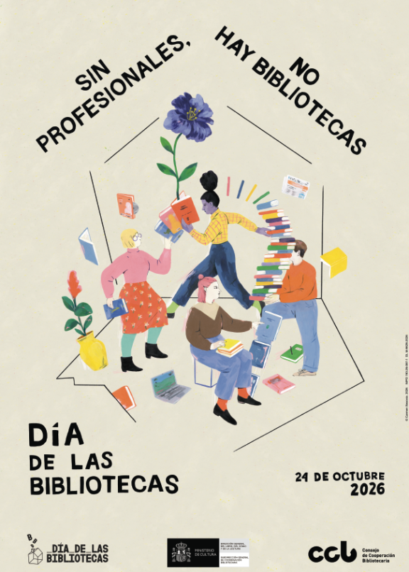 Cartel Día das Bibliotecas 2026 «Sen profesionais, non hai bibliotecas».