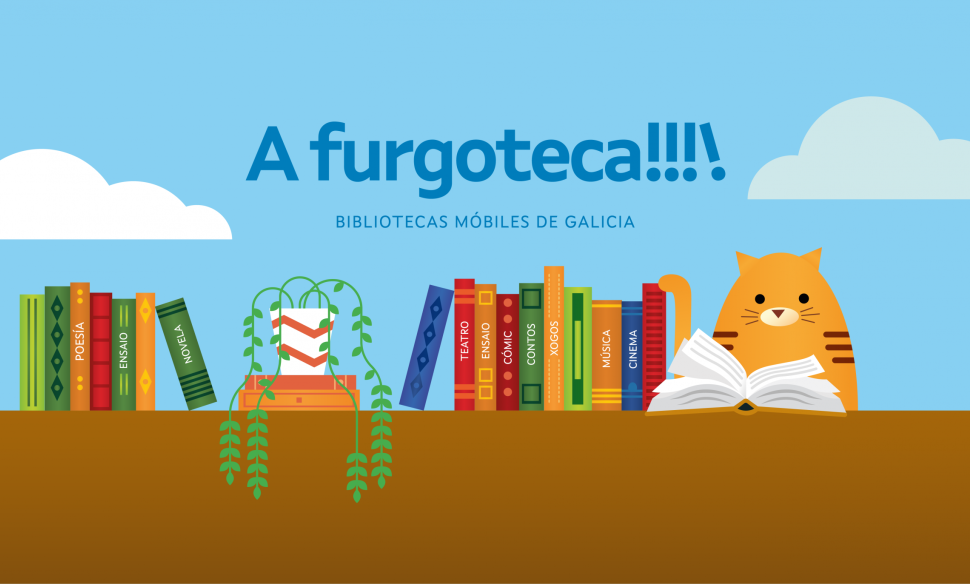Ilustración de a furgoteca formada por libros e un gato lendo